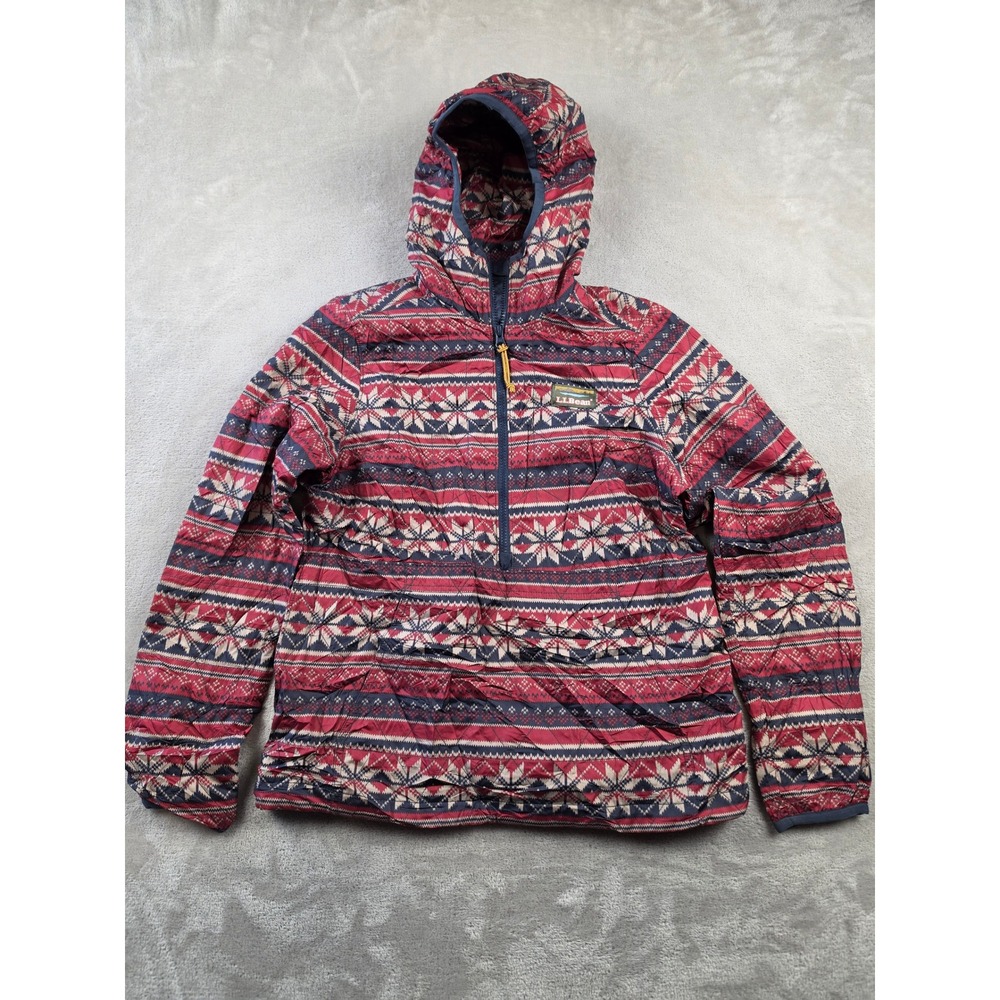 LL Bean Anorak Hooded Jacket Women XS Red Fair Isle Quilted Half Zip Lightweight